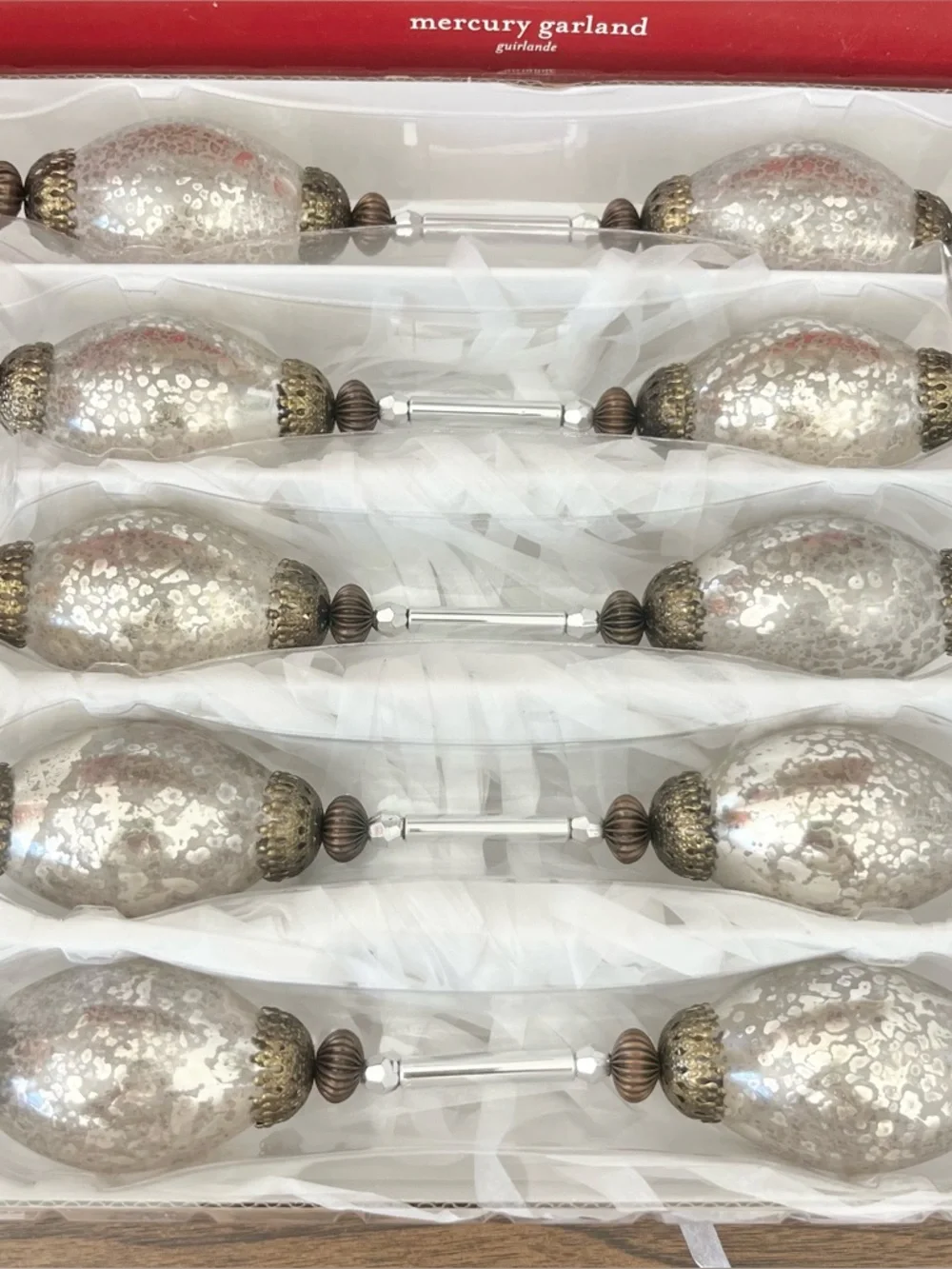 Pottery Barn Holiday Mercury Glass Garland Silver and Gold w Box Great Condition